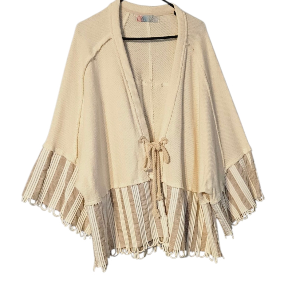 Free People Cream Fringe Knit Poncho Shrug